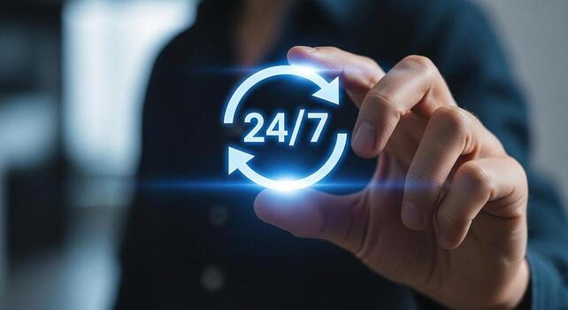 Person activating a 247 digital interface, symbolizing continuous support and global connectivity in a modern business setting The image conveys the concept of always-on availabili photo