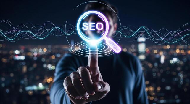 Man using index finger touching digital SEO magnifying glass interface, futuristic city night background Search engine optimization, digital marketing, online business concept photo