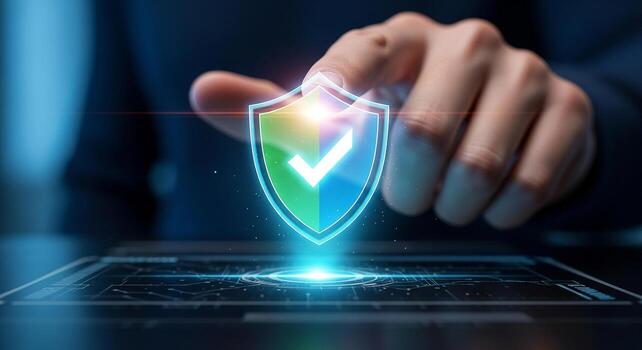 Hand activating a digital shield with a check mark on a tablet, symbolizing online security and data protection photo