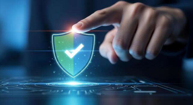Hand activating a digital shield with a check mark, signifying security and protection in a futuristic technological environment The concept represents cybersecurity, data privacy, photo