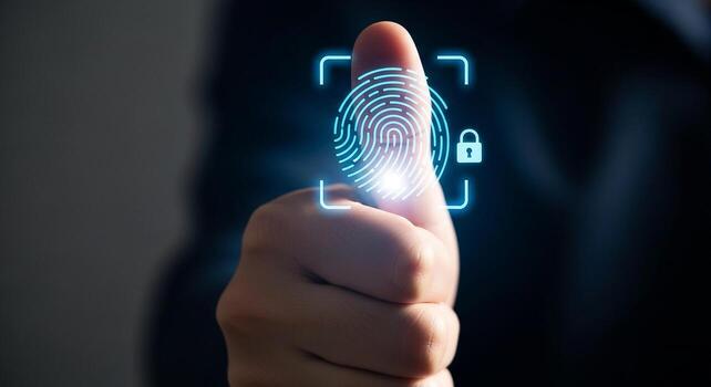 Person using fingerprint scanner for biometric authentication, securing digital data with modern technology, privacy and security concept photo