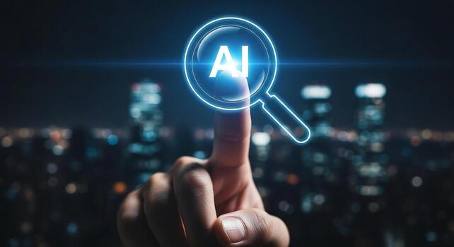 Person exploring AI technology with a futuristic interface at night in a city Futuristic innovation and technological progress concept photo