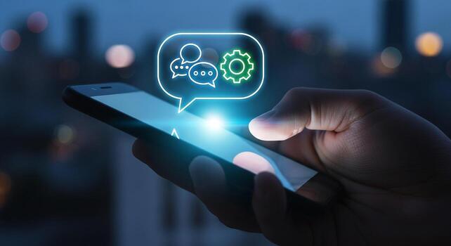 Person using smartphone at night, interacting with a digital communication and settings interface concept of mobile app development, instant messaging, and global connectivity photo