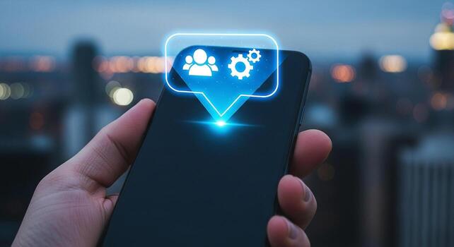 Person using smartphone app with group and settings icons at night in a city, symbolizing global network and teamwork photo