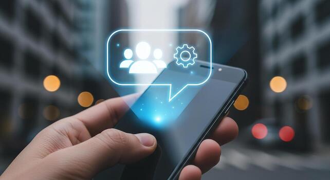 Person using smartphone app for team management and collaboration in urban setting at night The glowing interface shows a group icon and gear symbol, representing teamwork, setting photo
