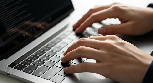 Close-up of hands typing code on a laptop keyboard, showcasing software development, programming, and digital technology in a modern workspace The image conveys focus, concentratio photo