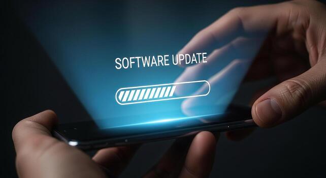 Person installing a software update on a smartphone, progress bar, technology, digital, modern, future, innovation, upgrade, improvement, development, advancement, growth, progress photo