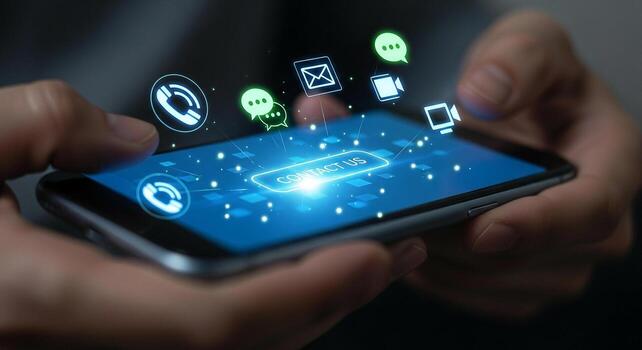Person using smartphone to contact business via digital interface, showing communication options like email, phone, and call Modern technology, online support, and customer s photo