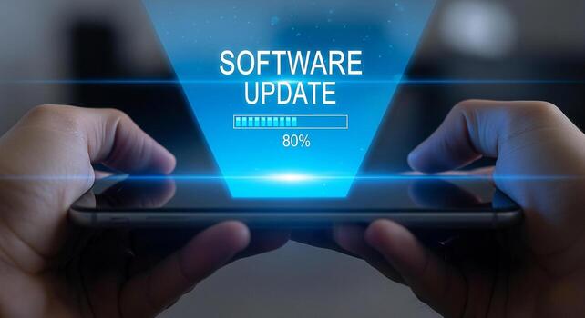 Person installing a software update on a smartphone, progress bar showing 80, modern technology concept photo