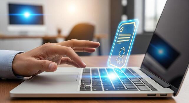 Person accessing and reviewing a digital certificate on laptop computer in modern office, concept of online verification and validation photo