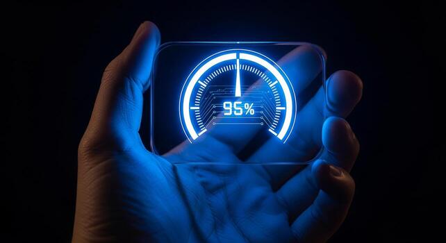 Hand holding futuristic transparent device displaying a 95 progress meter, symbolizing high performance and technological achievement in a dark setting photo