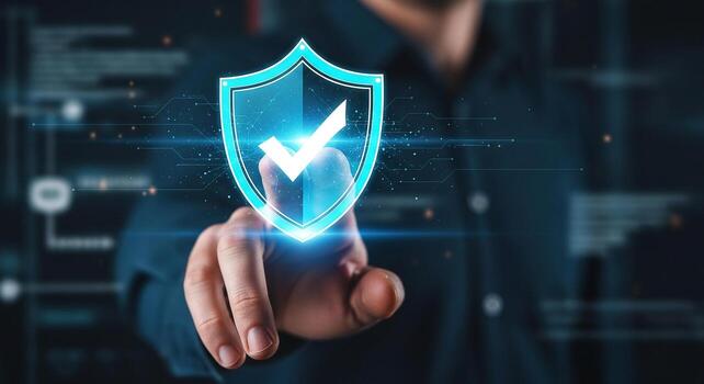 Businessperson activating a digital shield with a check mark, signifying security and data protection in a technological environment, conveying a concept of safety and trust photo