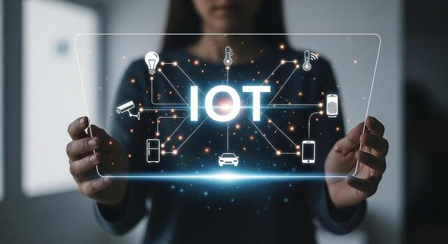 Woman demonstrating Internet of Things IoT network, showcasing smart home and automobile technology integration, in a modern office setting, highlighting innovation and connectivit photo