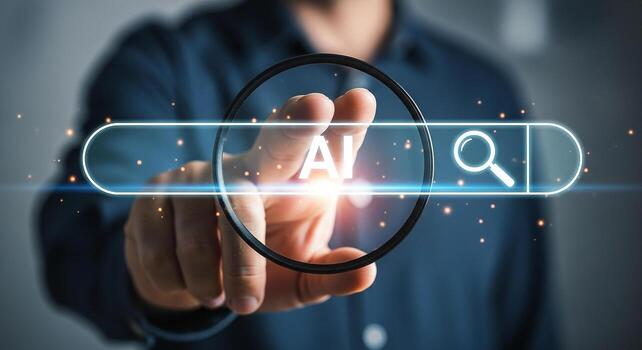 persona utilizando aumentador vaso a buscar ai tecnología en un digital pantalla, explorador futuro innovación y desarrollo foto