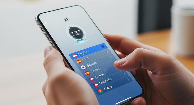 Person using AI-powered translation app on smartphone, selecting language options for multilingual communication photo