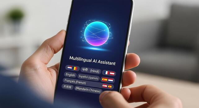 Person using a smartphone with a multilingual AI assistant application at home, showcasing seamless global communication and technological advancement photo