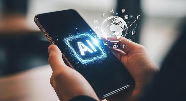 Person using smartphone to access global AI network, innovative technology, future concept, digital world photo