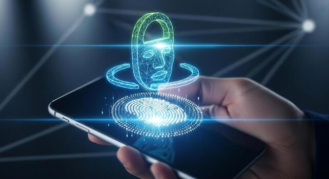 Person using biometric facial recognition and fingerprint scanning on smartphone for secure access and futuristic technology photo