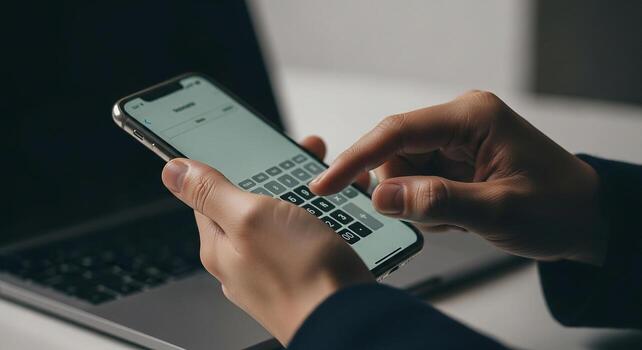 Person using calculator app on smartphone at desk closeup view of hands and fingers precisely entering numbers modern business finance concept mobile banking online payment photo