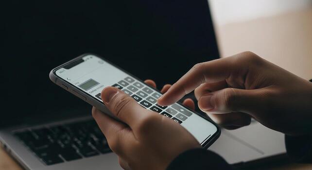 Person using calculator app on smartphone calculating numbers on mobile device screen closeup hands view financial planning concept photo