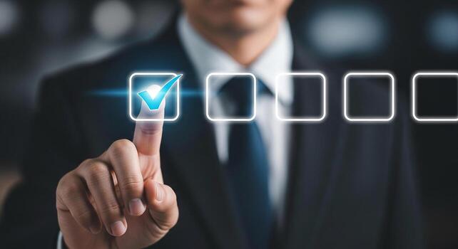 Businessperson Making a Choice Selecting a Checkbox on a Digital Checklist Interface Concept of Decision Making and Task Management in a Modern Office Setting photo