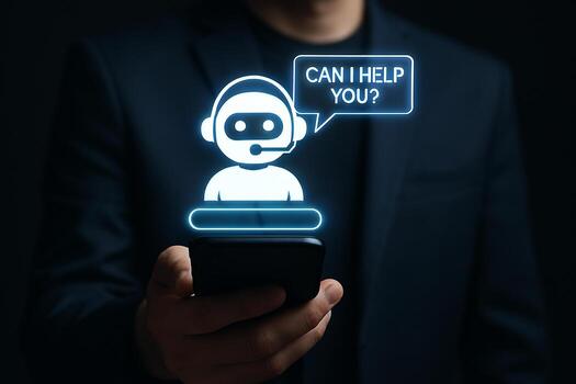 Person using AI chatbot app on smartphone digital assistant offering help futuristic technology concept glowing interface on dark background photo