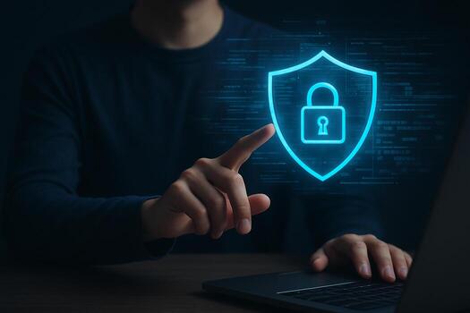 Person activating a digital shield and padlock cybersecurity protection on a laptop representing online security and data protection The image conveys a sense of safety security and digital privacy in photo