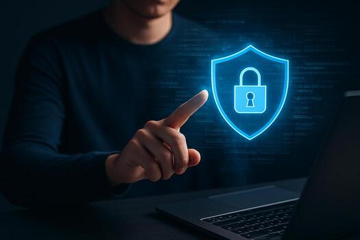 Man activating a digital shield and padlock icon on a laptop symbolizing online security and data protection in a dark technological environment The image conveys concepts of cybersecurity privacy and photo