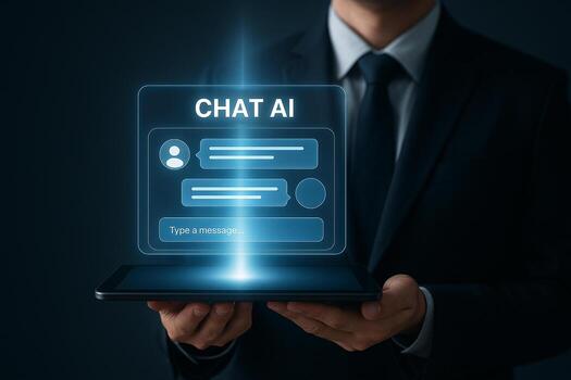 Businessman using a tablet to access a futuristic chat AI interface showcasing innovative technology and digital communication in a modern business setting The image evokes a sense of technological ad photo