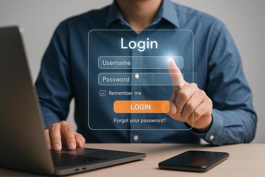Man Logging In to Secure Online Account on Laptop Digital Security Concept Modern Workplace Cybersecurity photo