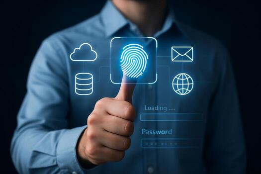 Man using biometric fingerprint scanner for secure access to digital data and information futuristic technology concept photo