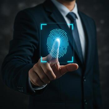 Businessman using biometric fingerprint scanner for secure access digital security and authentication concept photo
