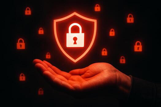 Hand holding glowing digital shield with lock icon symbolizing cybersecurity protection and data security in dark red background The concept is about online privacy data protection and secure network photo