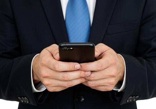 Businessman in a suit using smartphone texting or browsing closeup view modern communication concept A professional man in a dark suit uses a smartphone conveying a sense of efficiency and connectivit photo
