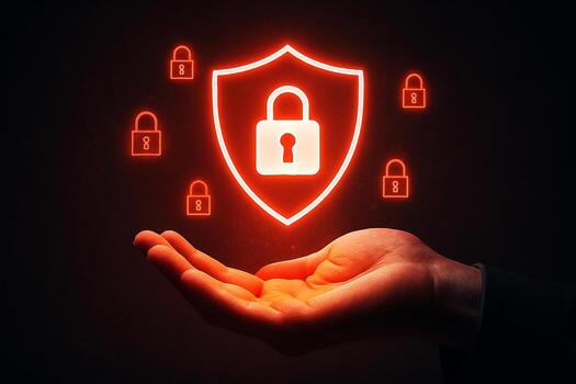 Hand holding a glowing digital shield with a lock symbolizing cybersecurity data protection and online security in a dark setting The concept is about digital safety and risk management photo