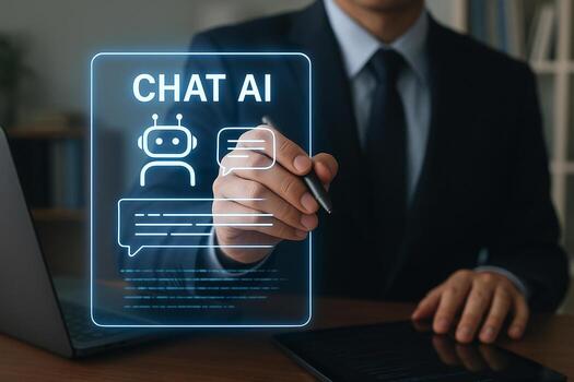 Businessman Interacting with Futuristic Chat AI Interface in Modern Office Setting Concept of Artificial Intelligence and Digital Transformation photo