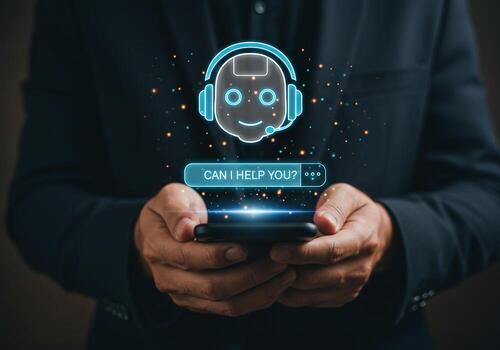 Person using AI chatbot app on smartphone innovative digital assistant providing support and help futuristic technology concept seamless customer service experience photo