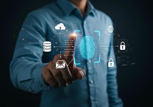 Man Accessing Secure Data Through Biometric Fingerprint Authentication on a Digital Interface photo