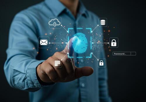 Person using biometric fingerprint scanner for secure access to digital data cloud computing and online accounts Futuristic digital security concept with a focus on privacy and password protection photo