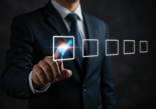 Businessperson making a choice selecting a check mark on a digital interface in a dark modern setting The image evokes concepts of decisionmaking progress and success photo