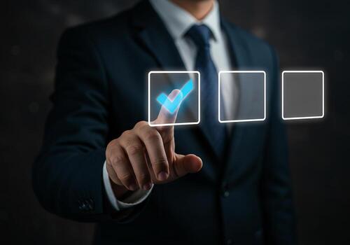 Businessperson making a choice selecting an option from a digital checklist interface concept of decisionmaking planning and successful strategy in a modern business environment photo