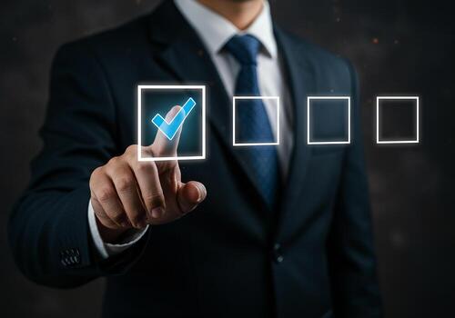 Businessperson making a choice selecting a digital checkbox on a touchscreen interface The concept represents decisionmaking selection and successful completion of tasks in a modern business setting photo