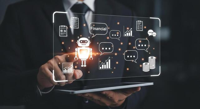 Businessman Interacting with AIPowered Financial Robot on a Futuristic Tablet Interface The concept depicts innovative financial technology and automation for modern business solutions photo