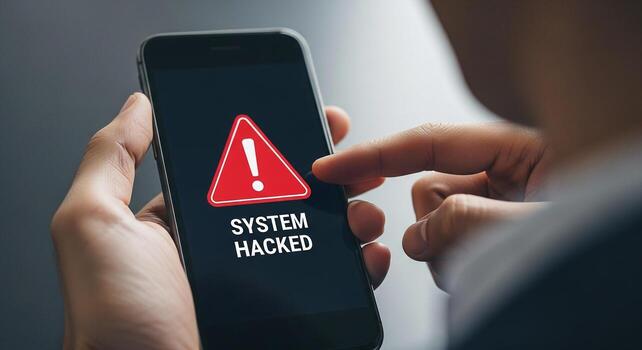 Person discovers their smartphone has been hacked displaying a red alert warning on the screen This image depicts a serious security breach and the urgent need for data protection and online safety Th photo