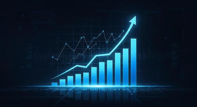 Abstract glowing bar graph and line chart showing growth and upward trend in a dark blue digital environment symbolizing progress success and financial increase photo