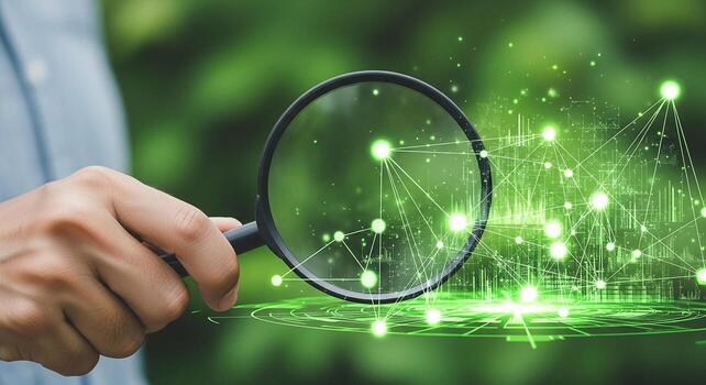 Hand Using Magnifying Glass to Inspect Green Digital Network Exploring Connections and Data Representing Technological Advancement and Innovation in a Lush Natural Setting photo