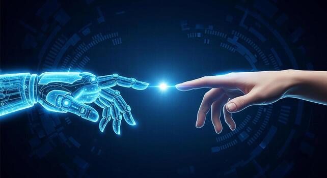 Human and robotic hands reaching out to connect against a futuristic technological background symbolizing artificial intelligence synergy and the future of technology photo