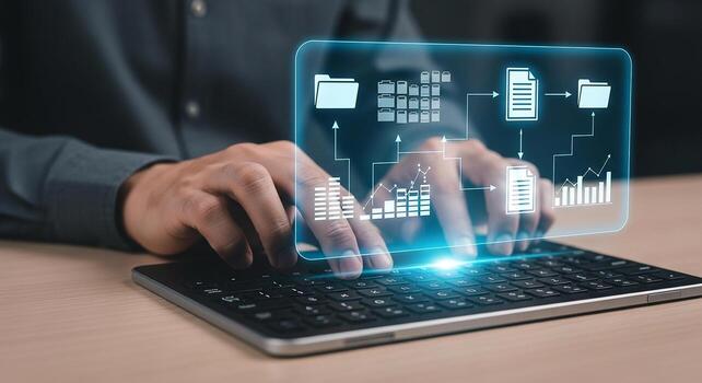 Person working on a tablet computer managing digital files and data in a modern office setting The image conveys efficiency organization and data management photo