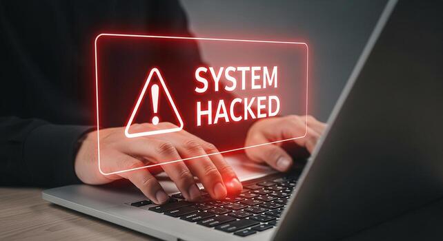 Person using laptop computer experiencing a system hack alert a digital security breach on screen urgent cybersecurity concept image photo