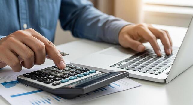 Person calculating numbers using a calculator and laptop in a modern office setting working on financial tasks business concept image photo